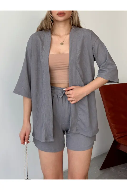 Women's Unprinted Off-Shoulder Shorts Kimono Set-Smoked - 8