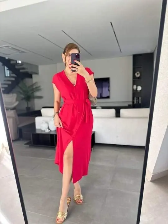 Women's V-Neck Button Detail Dress with Belt - 1