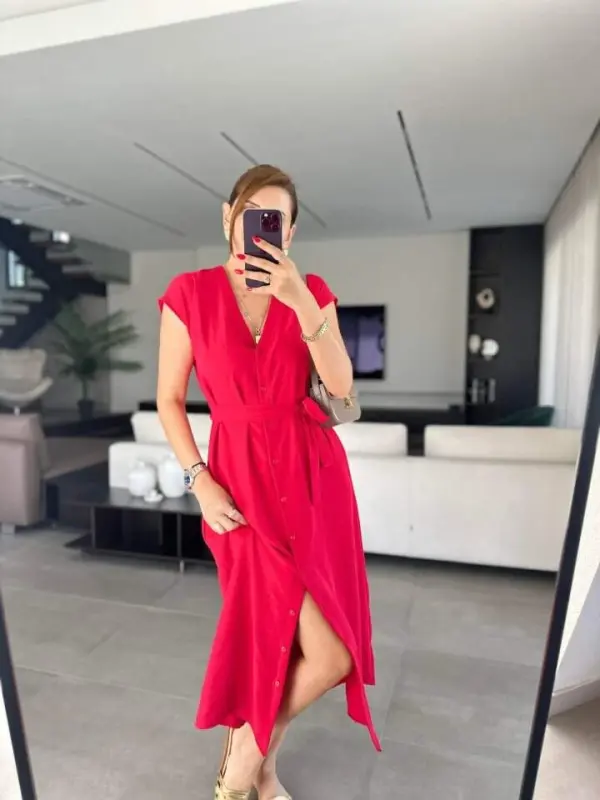 Women's V-Neck Button Detail Dress with Belt - 3