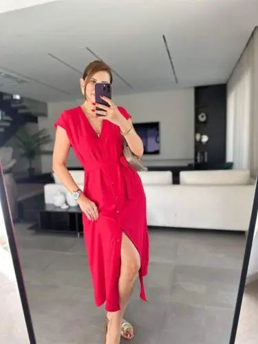 Women's V-Neck Button Detail Dress with Belt - 4