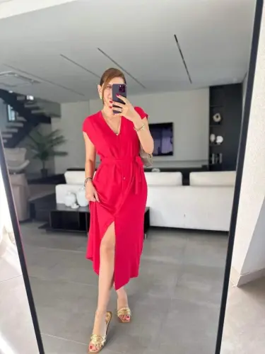 Women's V-Neck Button Detail Dress with Belt - 5