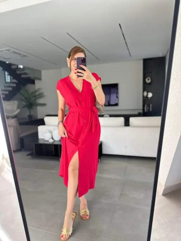 Women's V-Neck Button Detail Dress with Belt - 5