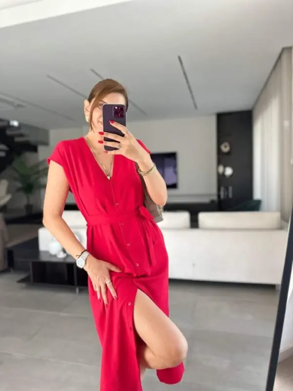 Women's V-Neck Button Detail Dress with Belt - 7