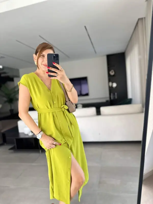 Women's V-Neck Button Detail Dress with Belt - BÜYÜKBEDENIZ