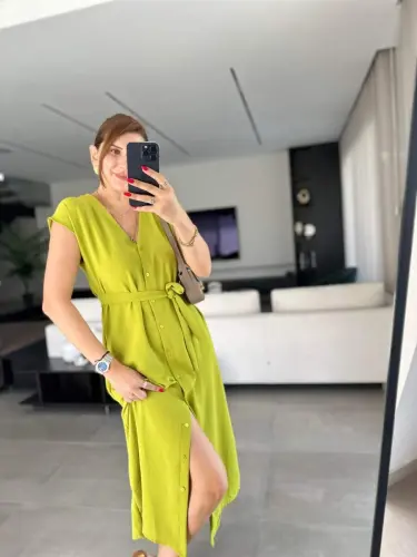 Women's V-Neck Button Detail Dress with Belt - BÜYÜKBEDENIZ (1)