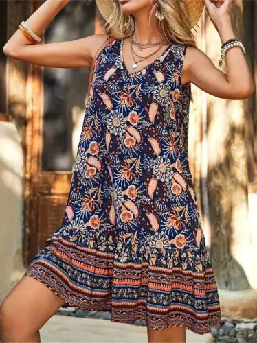 Women's V-Neck Cami Ruffle Print Supima Mini Dress - 4