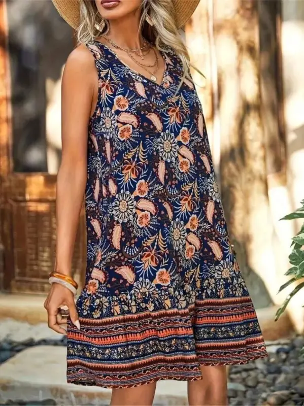 Women's V-Neck Cami Ruffle Print Supima Mini Dress - 5