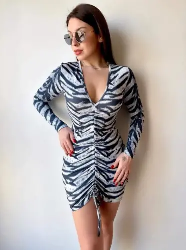 Women's V-Neck Front Lift Gather Detail Opportunity Product Polka Dot Mini Dress - 4