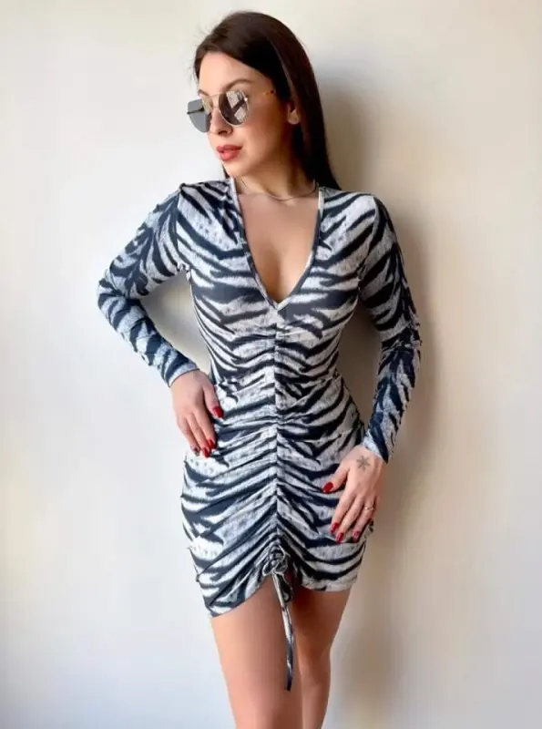 Women's V-Neck Front Lift Gather Detail Opportunity Product Polka Dot Mini Dress - 4