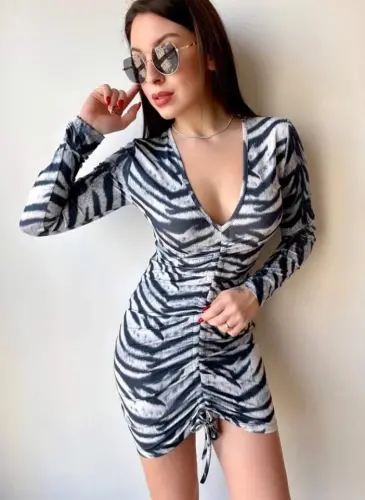 Women's V-Neck Front Lift Gather Detail Opportunity Product Polka Dot Mini Dress - 1