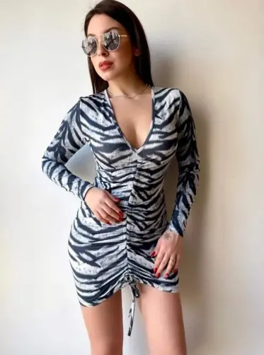 Women's V-Neck Front Lift Gather Detail Opportunity Product Polka Dot Mini Dress - 3