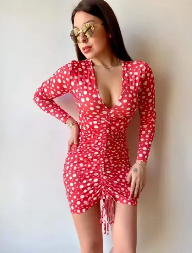 Women's V-Neck Front Ruching Detail Opportunity Product Polka Dot Mini Dress - 1