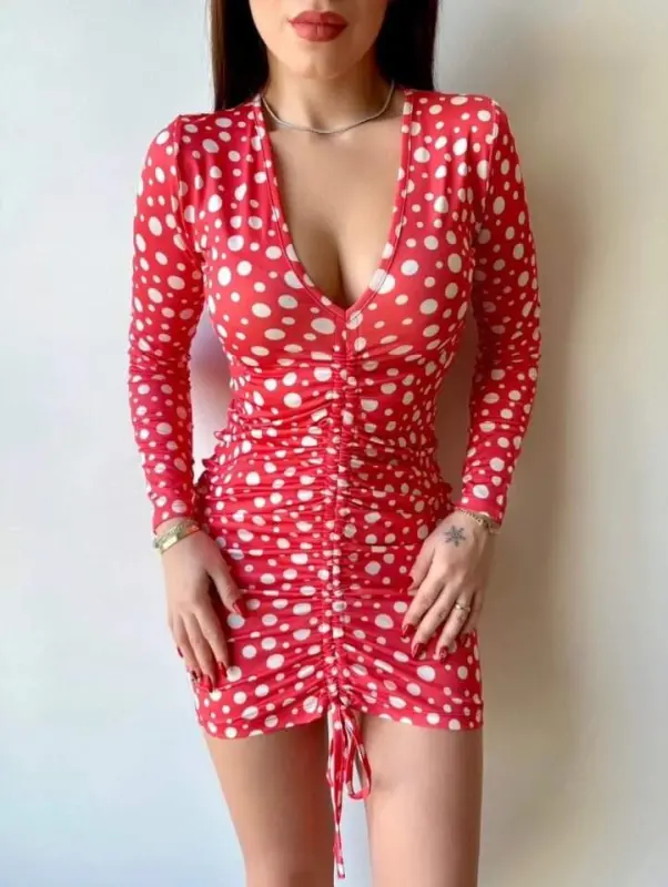Women's V-Neck Front Ruching Detail Opportunity Product Polka Dot Mini Dress - 2