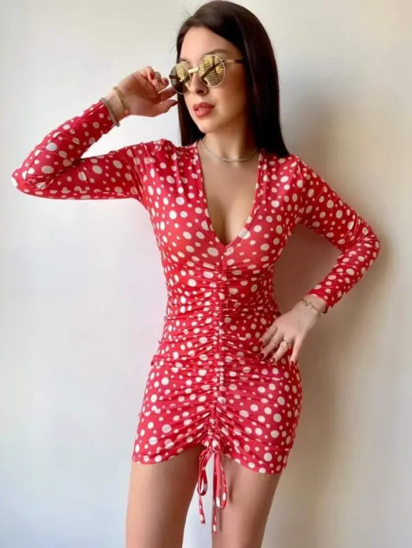 Women's V-Neck Front Ruching Detail Opportunity Product Polka Dot Mini Dress - 3