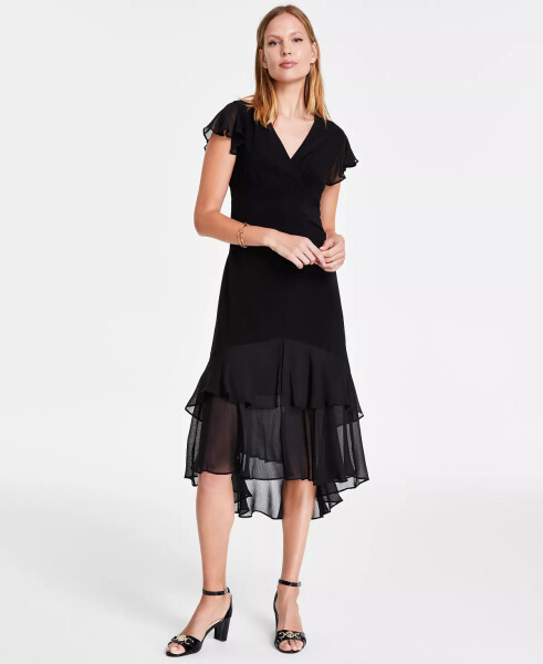 Women's V-Neck How-Low Hem Chiffon-Trim Dress Black - 1