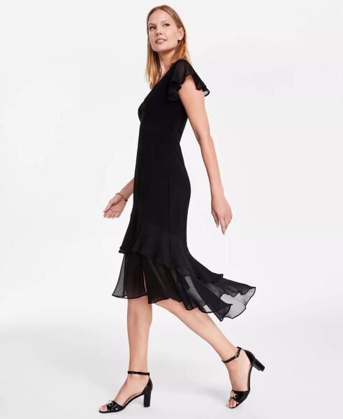 Women's V-Neck How-Low Hem Chiffon-Trim Dress Black - 3