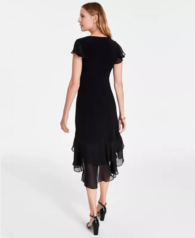 Women's V-Neck How-Low Hem Chiffon-Trim Dress-Black - 2