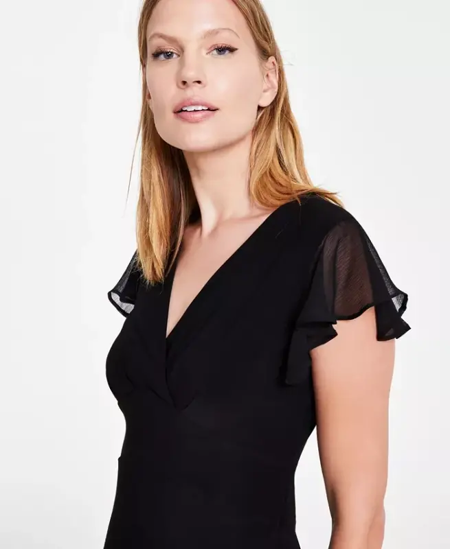 Women's V-Neck How-Low Hem Chiffon-Trim Dress-Black - 4