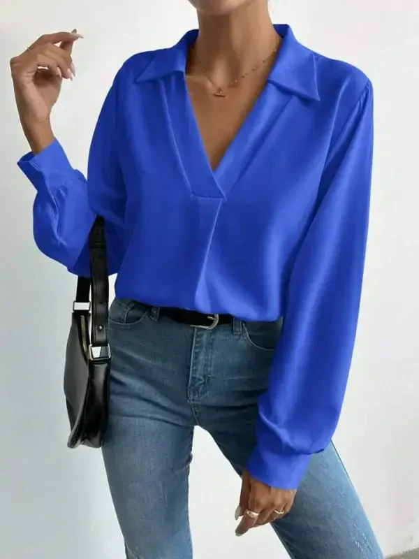 Women's V-Neck Long Sleeve Moss Crepe Fabric Blouse - BÜYÜKBEDENIZ