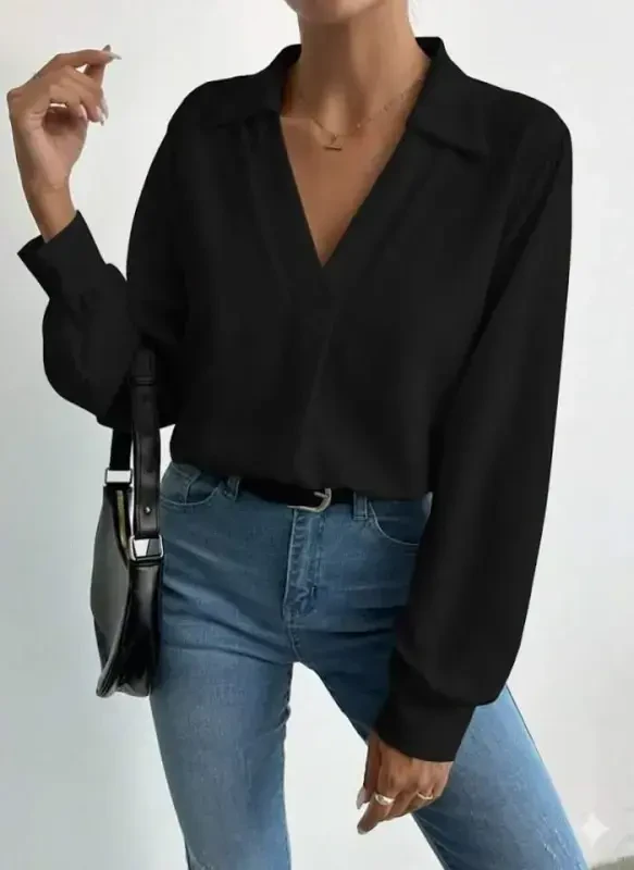 Women's V-Neck Long Sleeve Mosscrepe Fabric Blouse - BÜYÜKBEDENIZ