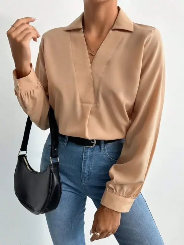 Women's V-Neck Long Sleeve Mosscrepe Fabric Blouse - BÜYÜKBEDENIZ