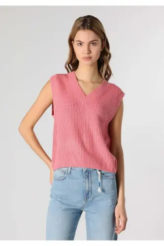 Women's V-Neck Pink Sweater (Cl1062235) - 4