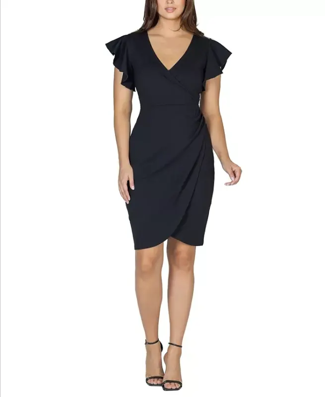 Women's V-neck Ruffle Sleeve Knee Length Dress-Black - 1
