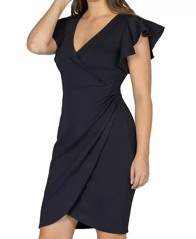 Women's V-neck Ruffle Sleeve Knee Length Dress-Black - 4