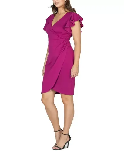 Women's V-neck Ruffle Sleeve Knee Length Dress-Magenta - 3