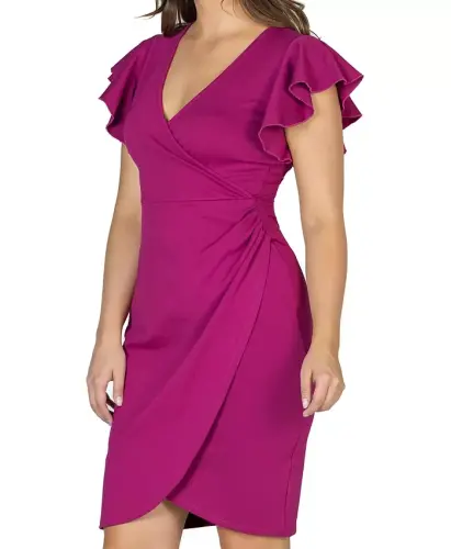 Women's V-neck Ruffle Sleeve Knee Length Dress-Magenta - 4