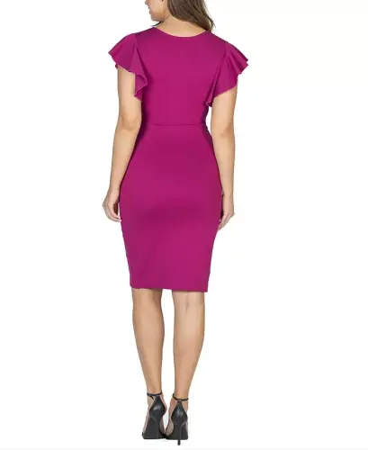 Women's V-neck Ruffle Sleeve Knee Length Dress-Magenta - 2