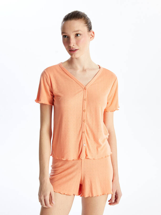 Women's V-Neck Self-Patterned Short-Sleeved Shorts Pajama Set - 12
