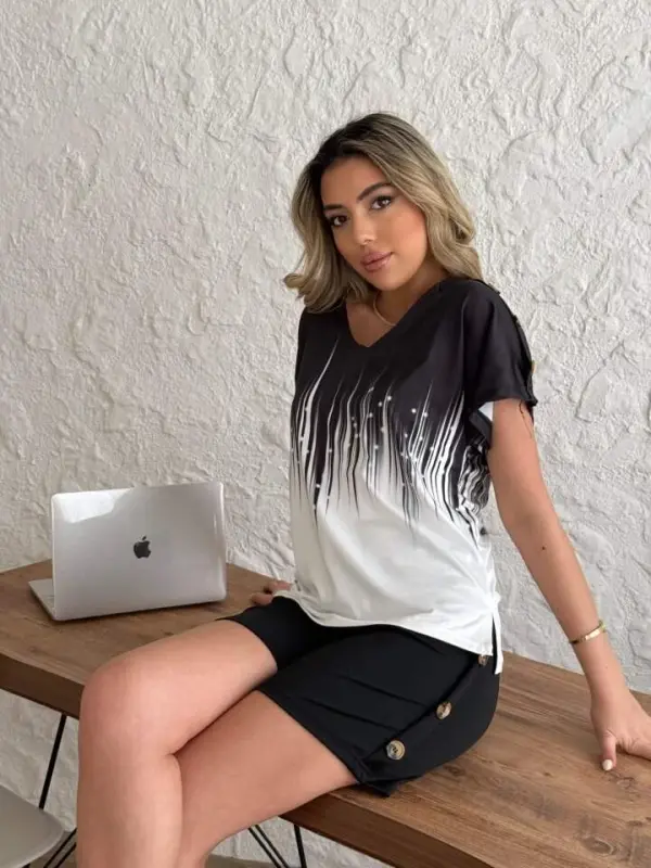 Women's V-Neck Short Sleeve Diver Blouse with Small Slit Detail on the Sides + Button Detailed Diver Shorts - BÜYÜKBEDENIZ