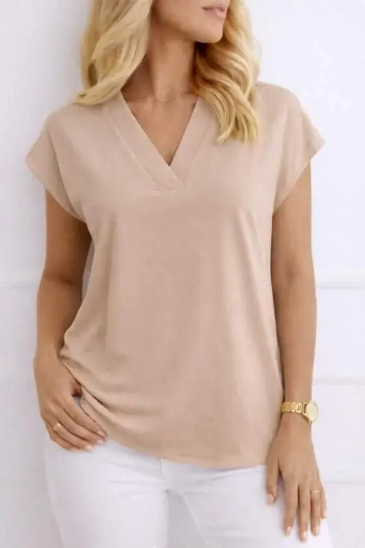 Women's V-Neck Short Sleeve Woven Viscose Blouse - BÜYÜKBEDENIZ