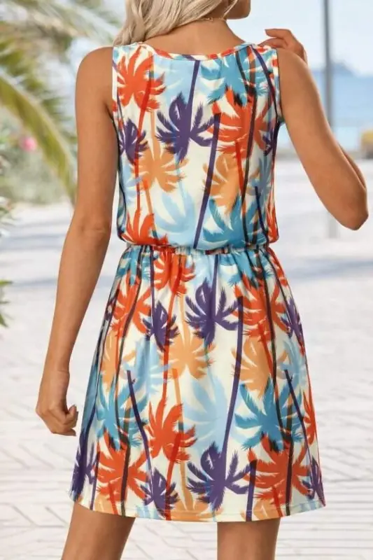 Women's V-Neck Sleeveless Button Detail Patterned Short Supre Dress - 2