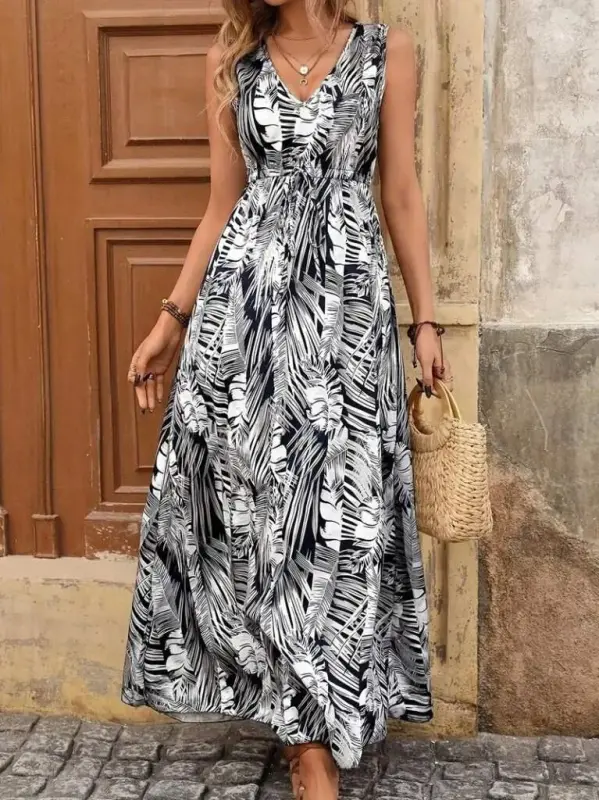 Women's V-neck Sleeveless Tie Waist Wide Leg Patterned Supreme Dress - 3