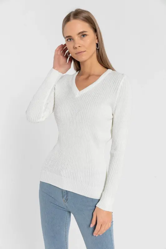Women's V-Neck Slim Fit Ribbed Long Winter Ecru Knit Sweater-Ecru - 1