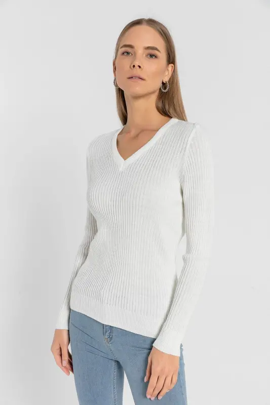 Women's V-Neck Slim Fit Ribbed Long Winter Ecru Knit Sweater-Ecru - 4