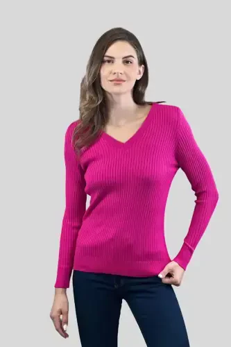 Women's V-Neck Slim Fit Ribbed Long Winter Fuchsia Knitted Sweater-Fuchsia - 1