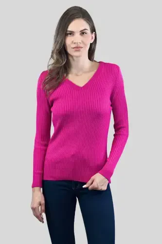 Women's V-Neck Slim Fit Ribbed Long Winter Fuchsia Knitted Sweater-Fuchsia - 2