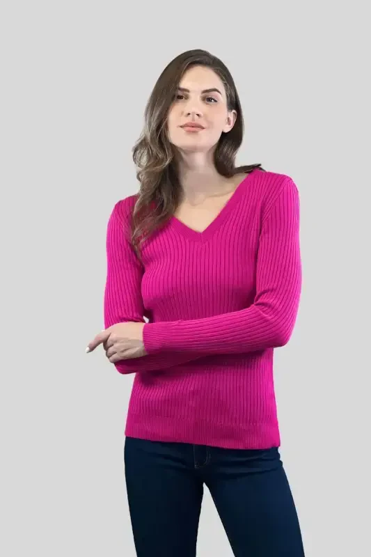 Women's V-Neck Slim Fit Ribbed Long Winter Fuchsia Knitted Sweater-Fuchsia - 3