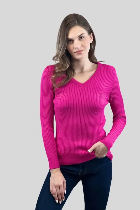 Women's V-Neck Slim Fit Ribbed Long Winter Fuchsia Knitted Sweater-Fuchsia - 4