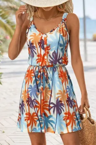 Women's V-Neck Spaghetti Strap Button-Detail Patterned Short Jersey Dress - 1