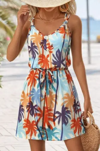 Women's V-Neck Spaghetti Strap Button-Detail Patterned Short Jersey Dress - 2