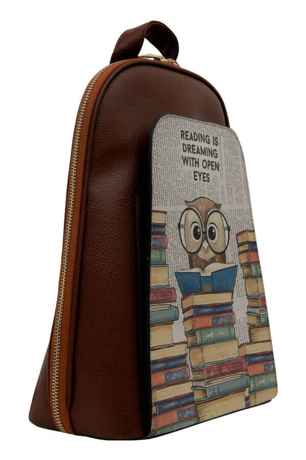 Women's Vegan Leather Brown Backpack - The Wise Owl Design - 2