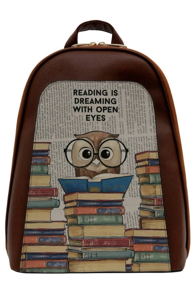 Women's Vegan Leather Brown Backpack - The Wise Owl Design - Modazone