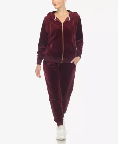 Women's Velour Tracksuit Loungewear 2-Piece Set - Burgundy - 1