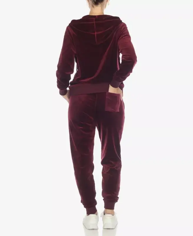 Women's Velour Tracksuit Loungewear 2-Piece Set - Burgundy - 2