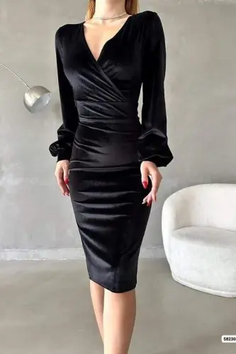 Women's Velvet Fabric Crossover Collar Balloon Sleeve and Slit Detailed Midi Dress - 1