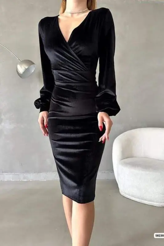 Women's Velvet Fabric Crossover Collar Balloon Sleeve and Slit Detailed Midi Dress - BÜYÜKBEDENIZ